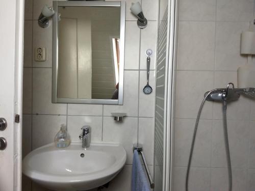 a bathroom with a sink and a mirror and a shower at WiW - Wohnen in Wathlingen in Wathlingen