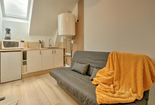 - un salon avec un canapé et une couverture dans l'établissement Le Petit Hugo - Centre Ville - Parking, à Tarbes