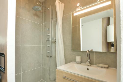 une salle de bain avec douche et lavabo dans l'établissement Le Petit Hugo - Centre Ville - Parking, à Tarbes