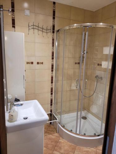 a bathroom with a shower and a sink at Dom wakacyjny MERLIN nad jeziorem Jodłów Sława Radzyń in Jodlow