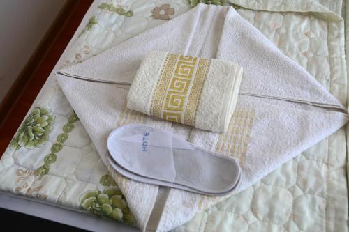 Un par de zapatos y un libro sobre una cama en LINIKANI, en Tiflis