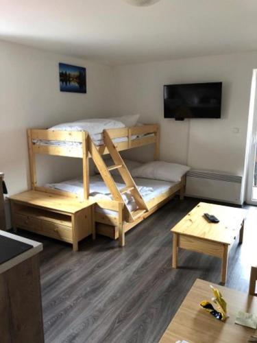 a room with two bunk beds and a flat screen tv at Apartmán Nová Pec - Lipno, Šumava in Prachatice