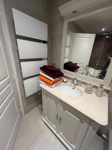 a bathroom with a sink and a mirror at Vue sur Tour Eiffel in Issy-les-Moulineaux