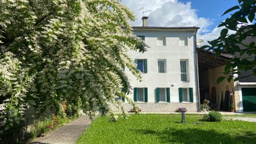 a white house with a flowering tree in front of it at Magnolia 41 in Possagno