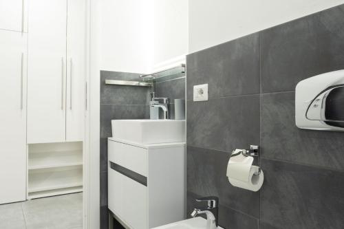 a bathroom with a sink and a toilet paper dispenser at Appartamento Clalia in Luino