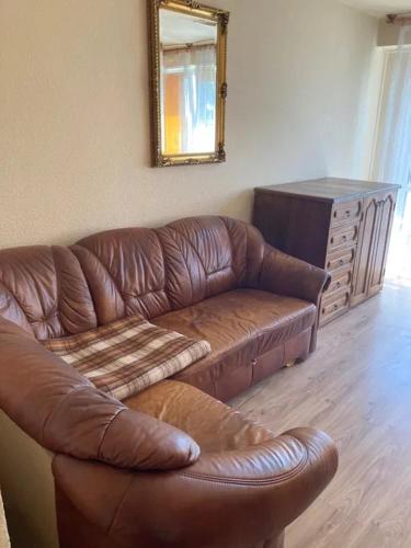 a brown leather couch in a living room with a mirror at Pokoje Gościnne Nad Łódką in Konstantynów Łódzki