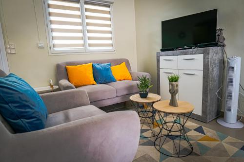 ein Wohnzimmer mit Sofa und Fernseher in der Unterkunft Villa Corneille in Saint-Louis