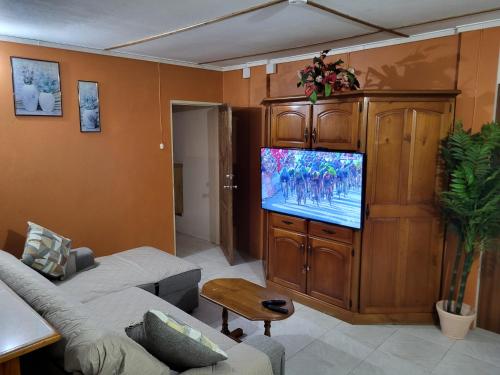 uma sala de estar com um sofá e uma televisão de ecrã plano em Birdie's Nest em Black Rock