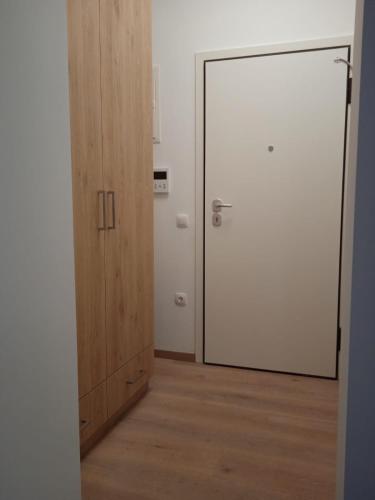 an empty room with a door and a wooden floor at Parliament Sq Studio Apt in Athens