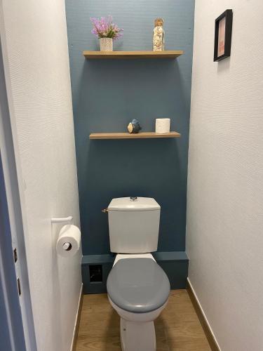 La salle de bains est pourvue de toilettes blanches et d'un mur bleu. dans l'établissement Brise de mer sur la naturelle, Studio à Wimereux , parking, à Wimereux