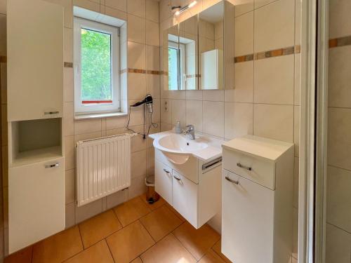 ein Bad mit einem Waschbecken und einem Spiegel in der Unterkunft Ferienhaus Seemannsruh Wohnung mit Wasserblick und abgeschlossenem Grundstück in Marienfelde