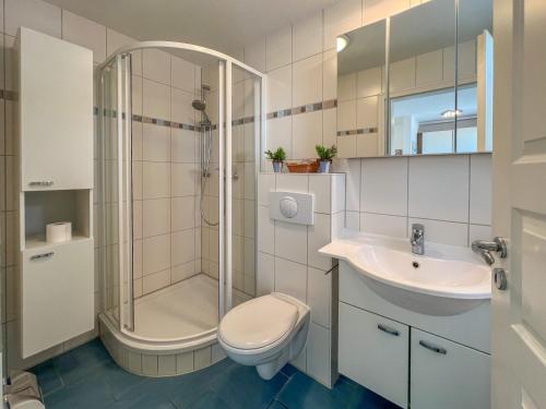 a bathroom with a shower and a toilet and a sink at Ferienhaus Seemannsruh Gemütliche Wohnung für Ihren Kurzaufenthalt an der Müritz in Marienfelde