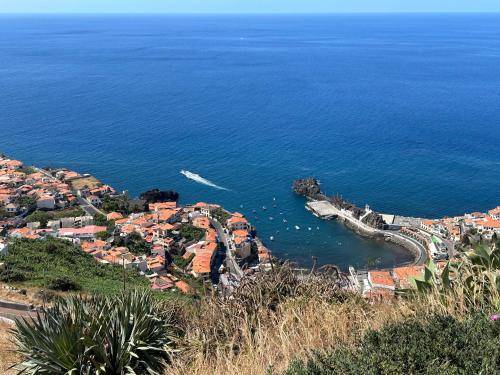 una vista aérea de una ciudad y del océano en Vila Pico da Torre Apartment, en Câmara de Lobos