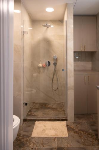 a bathroom with a shower with a glass door at VIXI Skylum in Vilnius