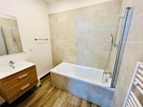 une salle de bain avec une baignoire et un lavabo dans l'établissement Hypercentre, spacieux, familial, lumineux, l'Elegant, à Tours