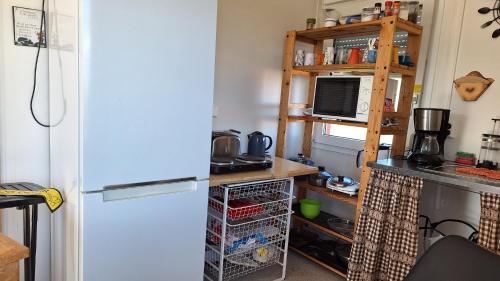 a kitchen with a refrigerator and a counter with a shelf at Ásbrandsstadir Cottages in Vopnafjörður
