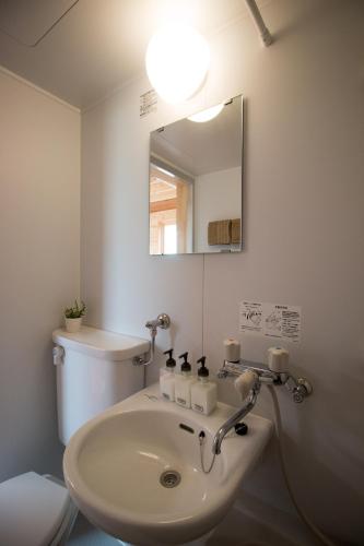a bathroom with a sink and a toilet and a mirror at Brick House Furano in Furano
