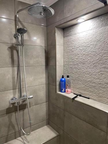 une salle de bain avec une douche avec une porte vitrée dans l'établissement Maison avec cheminée et jardin près des commerces, à Béziers