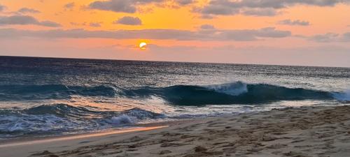 a sun setting over the ocean with a sandy beach at Blue Eagle Guesthouse - Casa de hospedes in Santa Maria