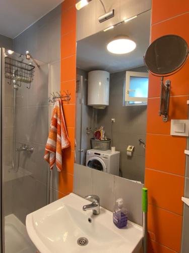 een badkamer met een wastafel en een spiegel bij CIMI Apartment in Belgrado