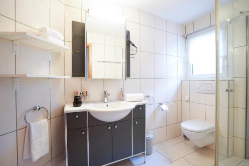 a bathroom with a sink and a toilet at Haus Gmür Amden Erdgeschoss in Amden