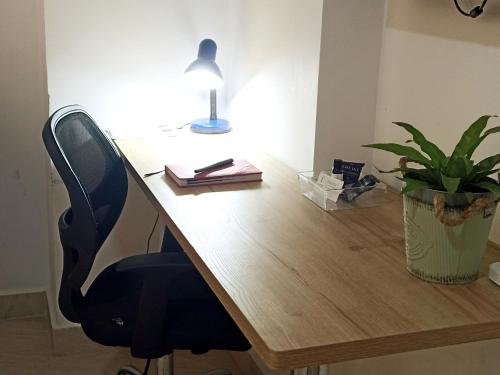 a wooden desk with a lamp and a plant on it at Laureles Guest House LGH Hotel in Medellín