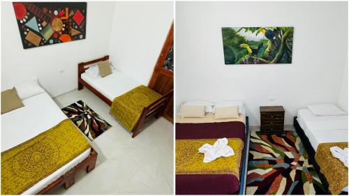 two pictures of a room with two beds in it at Coffee House Minca in Minca