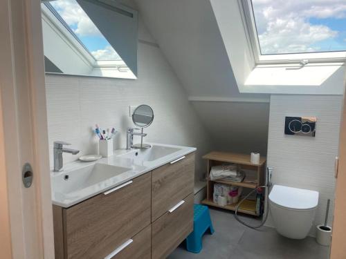 une salle de bain avec un lavabo, un miroir et une fenêtre dans l'établissement Grande Maison aux portes de Paris JO 2024, à Houilles