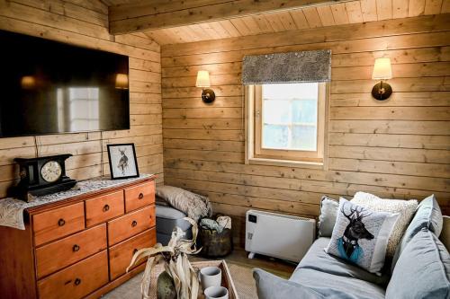 a living room with a couch and a dresser at Stylish Tiny Home with Fire Pit in Moss Vale in Moss Vale
