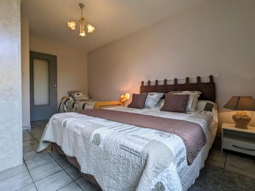 ein Schlafzimmer mit einem großen Bett und einem Kronleuchter in der Unterkunft Appartement Spacieux avec Jardin Privatif, Proche du Puy-en-Velay et d'un Golf, WiFi Inclus - FR-1-582-286 in Saint-Pierre-Eynac
