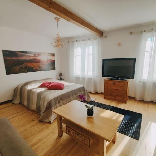 a bedroom with a bed and a flat screen tv at Maison à 6km de Strasbourg, à 2h de Paris en TGV in Niederhausbergen