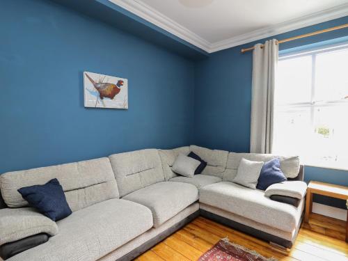a living room with blue walls and a couch at Osborne House in Rhayader