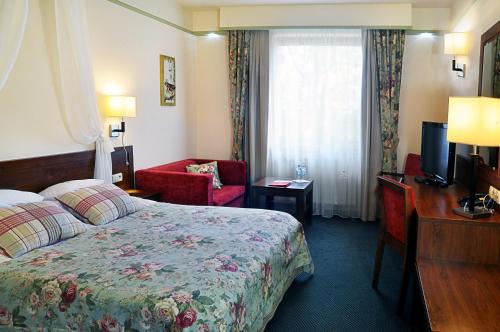 a hotel room with a bed and a chair and a television at Ahotel in Czechowice-Dziedzice