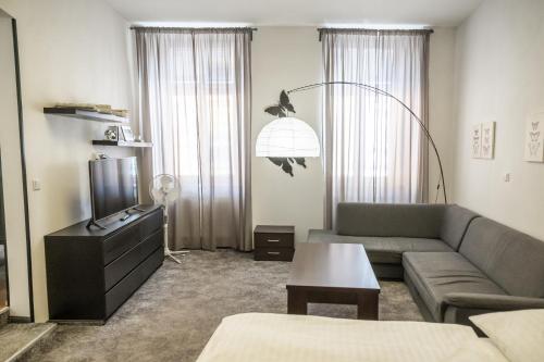 a living room with a couch and a tv at Hotel Plzeň in Plzeň