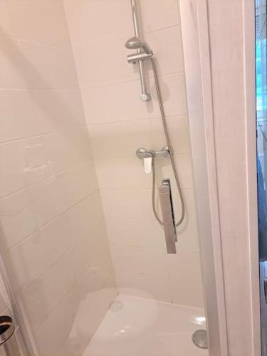 une douche avec une porte vitrée dans une salle de bain dans l'établissement Studette Vesle 4, à Reims