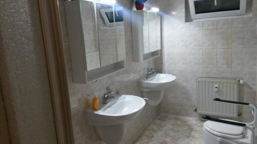 ein Badezimmer mit einem Waschbecken, einem WC und einem Spiegel in der Unterkunft Gästezimmer Kelsterbach in Kelsterbach