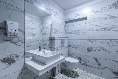 昌迪加爾的住宿－Hotel Downtown 17，白色的浴室设有水槽和卫生间。