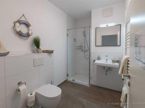 un bagno bianco con wc e doccia di Seahorses in the Molenhuus a Kappeln