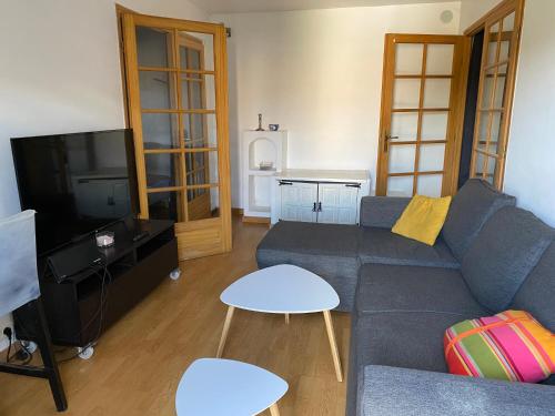 un salon avec un canapé et une télévision dans l'établissement Appartement en rez-de-jardin de Villa, à Cogolin