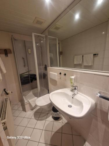 a bathroom with a sink and a shower at Cafe Steffens in Hahnenklee-Bockswiese