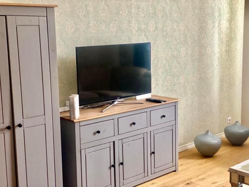 a tv on top of a white cabinet in a room at Mariella Apartment Tartu in Tartu