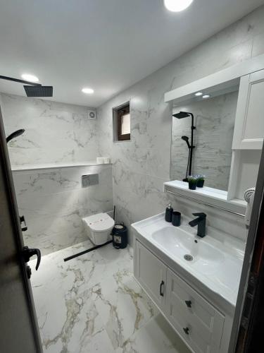 a white bathroom with a sink and a toilet at Belvedere Hills in Dospat