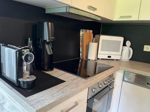 a kitchen counter with a coffee maker and a microwave at Enjoy Heuvelland in Simpelveld