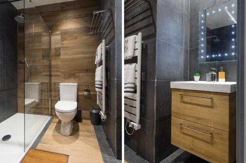 une salle de bain avec toilettes, lavabo et douche dans l'établissement Royal apartment near the beaches, à Nice