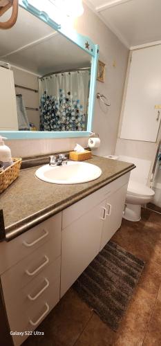 W łazience znajduje się umywalka i lustro. w obiekcie It's the Peaceful Park Model Home Life w mieście Boston Bar