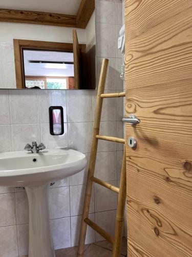 een badkamer met een wastafel en een ladder naast een spiegel bij Residenza la Corteccia in Vezza dʼOglio