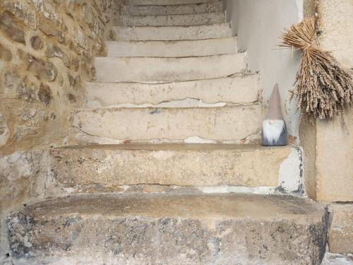 a cat sitting on the stairs of a building at Maison en pierres 6/8pers, piscine & sublime vue in Puygiron