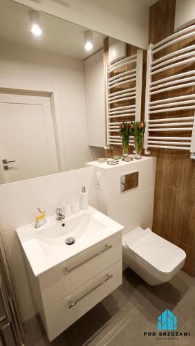 a bathroom with a white sink and a toilet at Pod Brzozami Apartamenty Let's Sea Gąski in Gąski