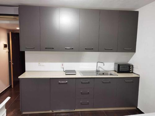 uma cozinha com armários cinzentos e um lavatório em Luxury Apartment No. 202 (Napa Ace) em Agia Napa
