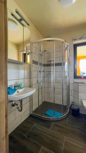 a bathroom with a shower and a sink at Ferienwohnung Olbernhau 7 Täler - Apartment in Olbernhau